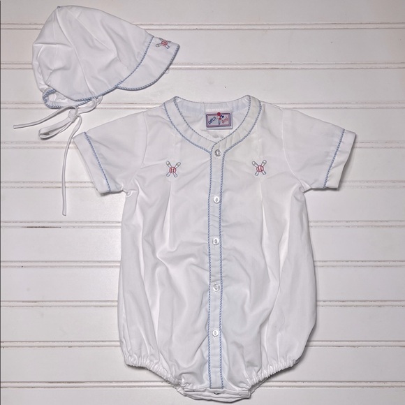 PETIT AMI EUC/NWOT Boys Classic Embroidered Baseball Bubble Bonnet Set - Picture 1 of 2